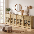 31.5"Storage Cabinet with Glass Doors, Drawers and Power Outlet