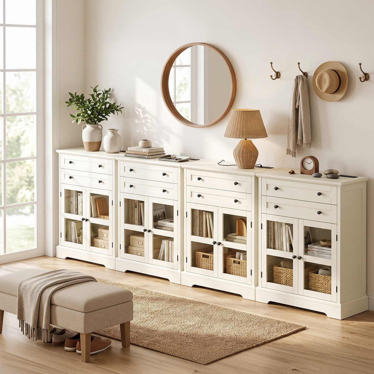 31.5"Storage Cabinet with Glass Doors, Drawers and Power Outlet