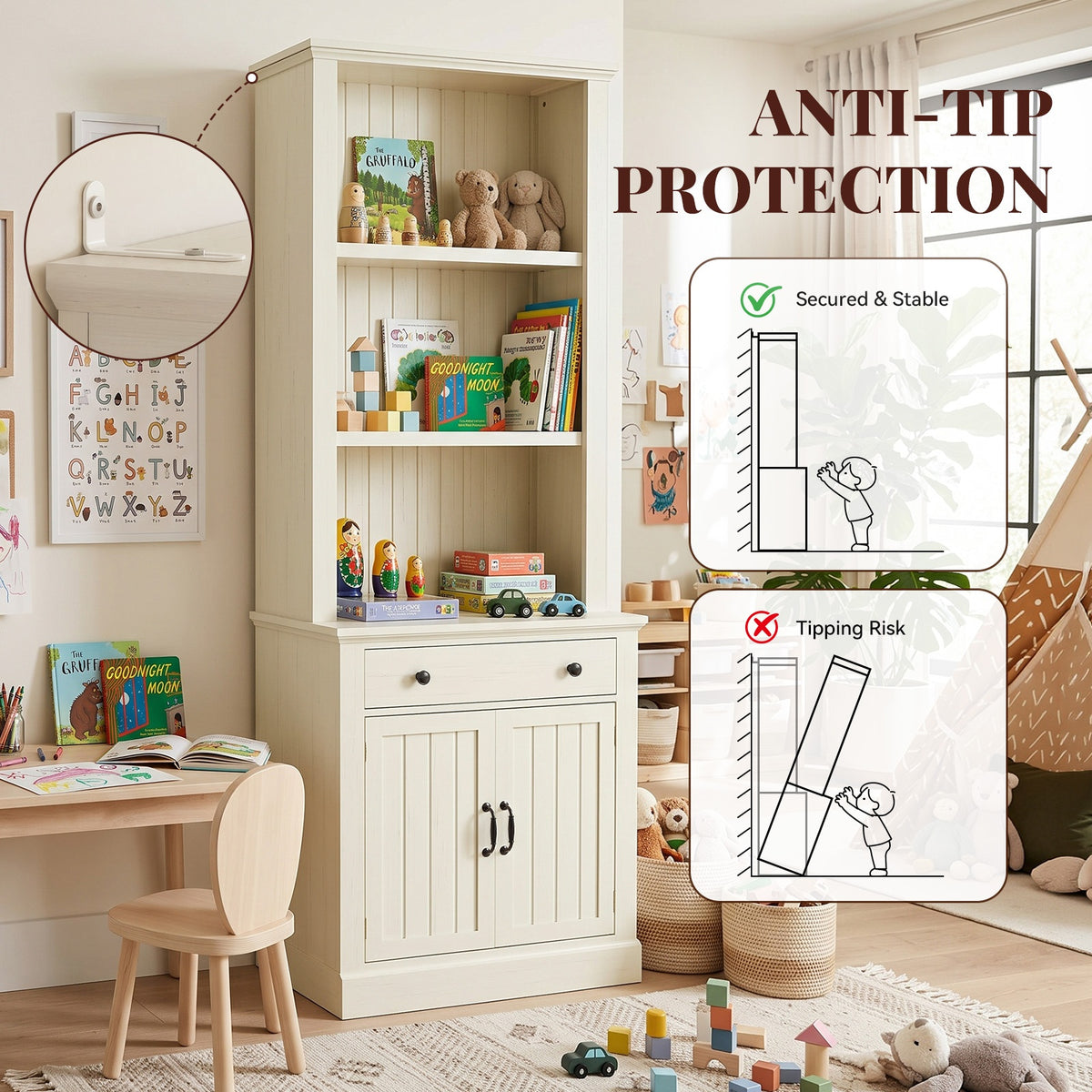 Topfurny 80" Tall Bookcase with Drawer and Doors, Farmhouse Bookshelf