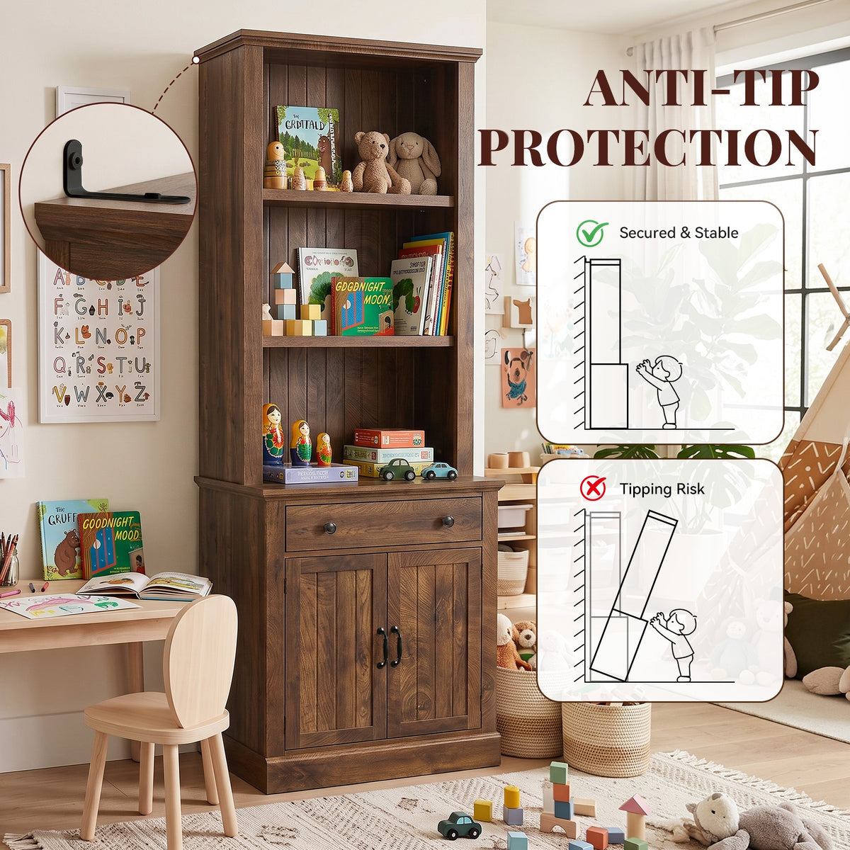 Topfurny 80" Tall Bookcase with Drawer and Doors, Farmhouse Bookshelf
