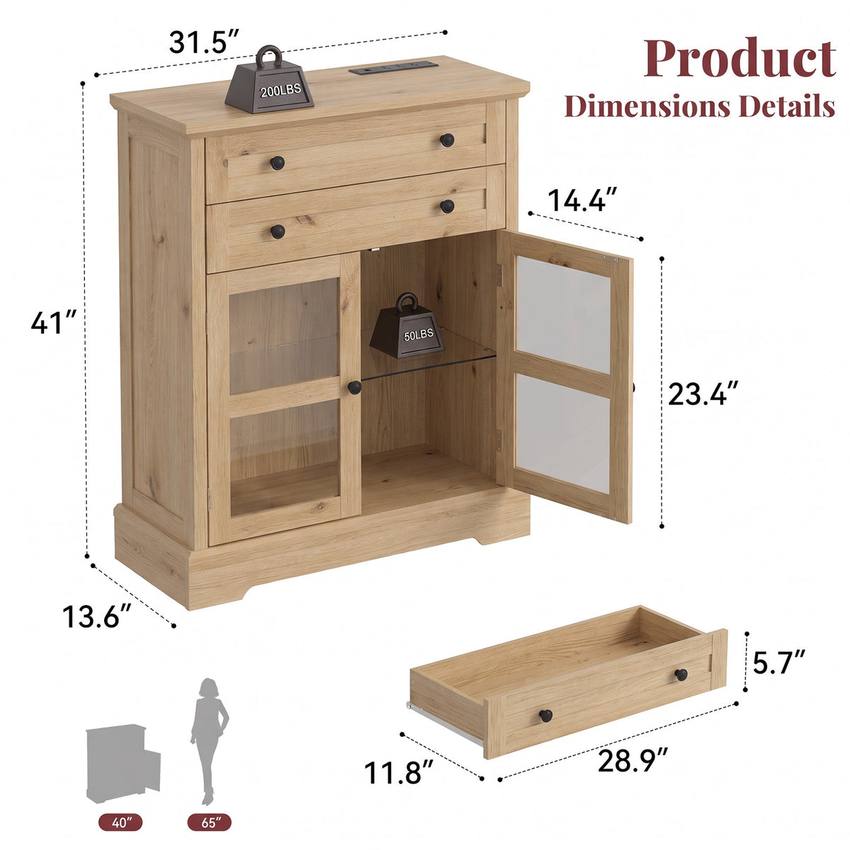 31.5"Storage Cabinet with Glass Doors, Drawers and Power Outlet