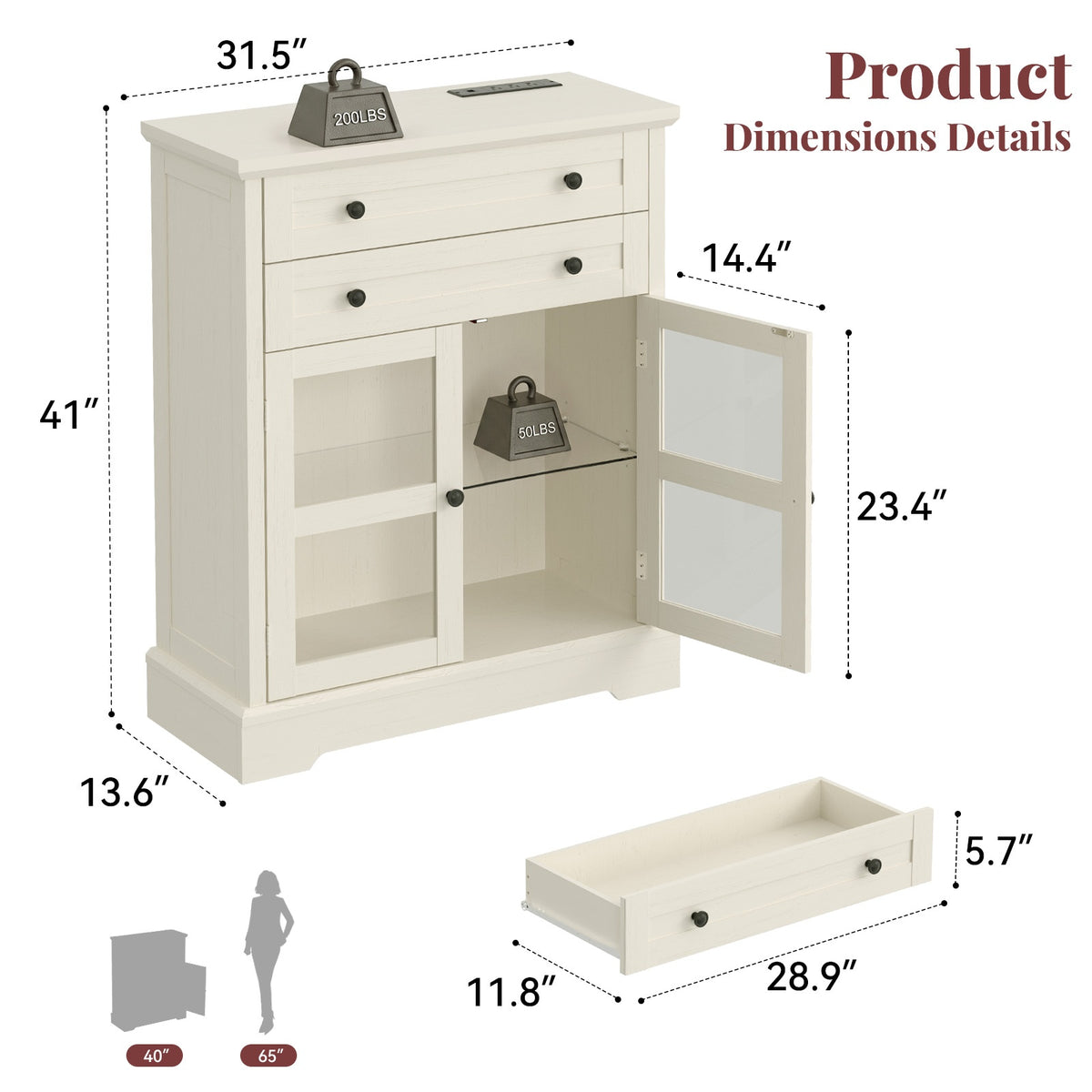 31.5"Storage Cabinet with Glass Doors, Drawers and Power Outlet