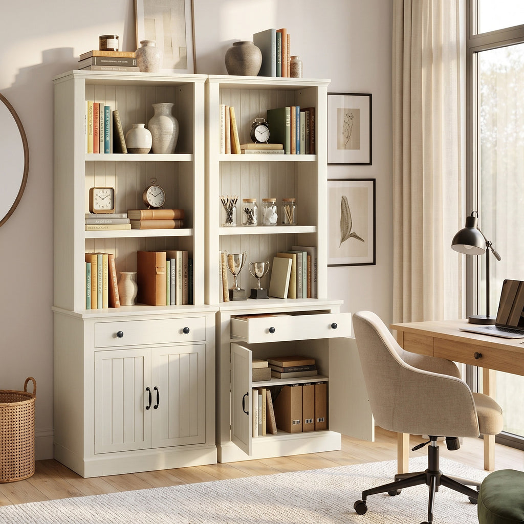 Topfurny 80" Tall Bookcase with Drawer and Doors, Farmhouse Bookshelf