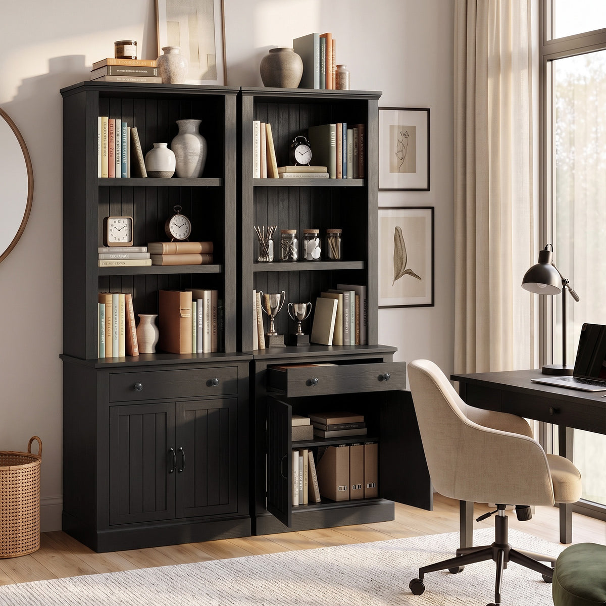 Topfurny 80" Tall Bookcase with Drawer and Doors, Farmhouse Bookshelf