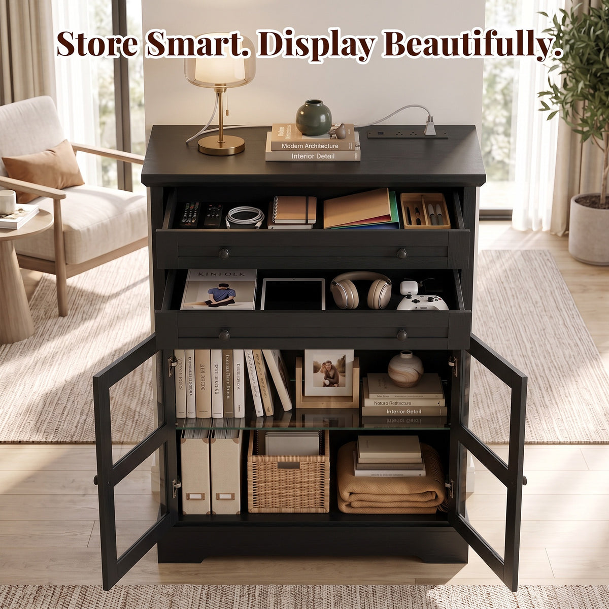 31.5"Storage Cabinet with Glass Doors, Drawers and Power Outlet