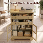 31.5"Storage Cabinet with Glass Doors, Drawers and Power Outlet