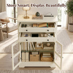 31.5"Storage Cabinet with Glass Doors, Drawers and Power Outlet