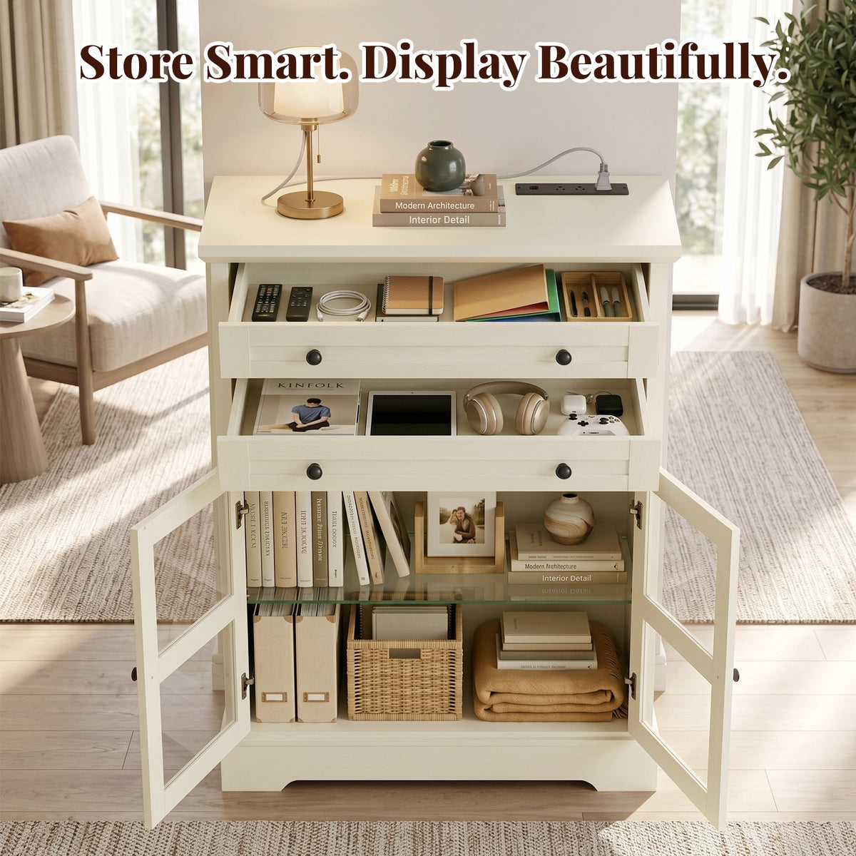 31.5"Storage Cabinet with Glass Doors, Drawers and Power Outlet