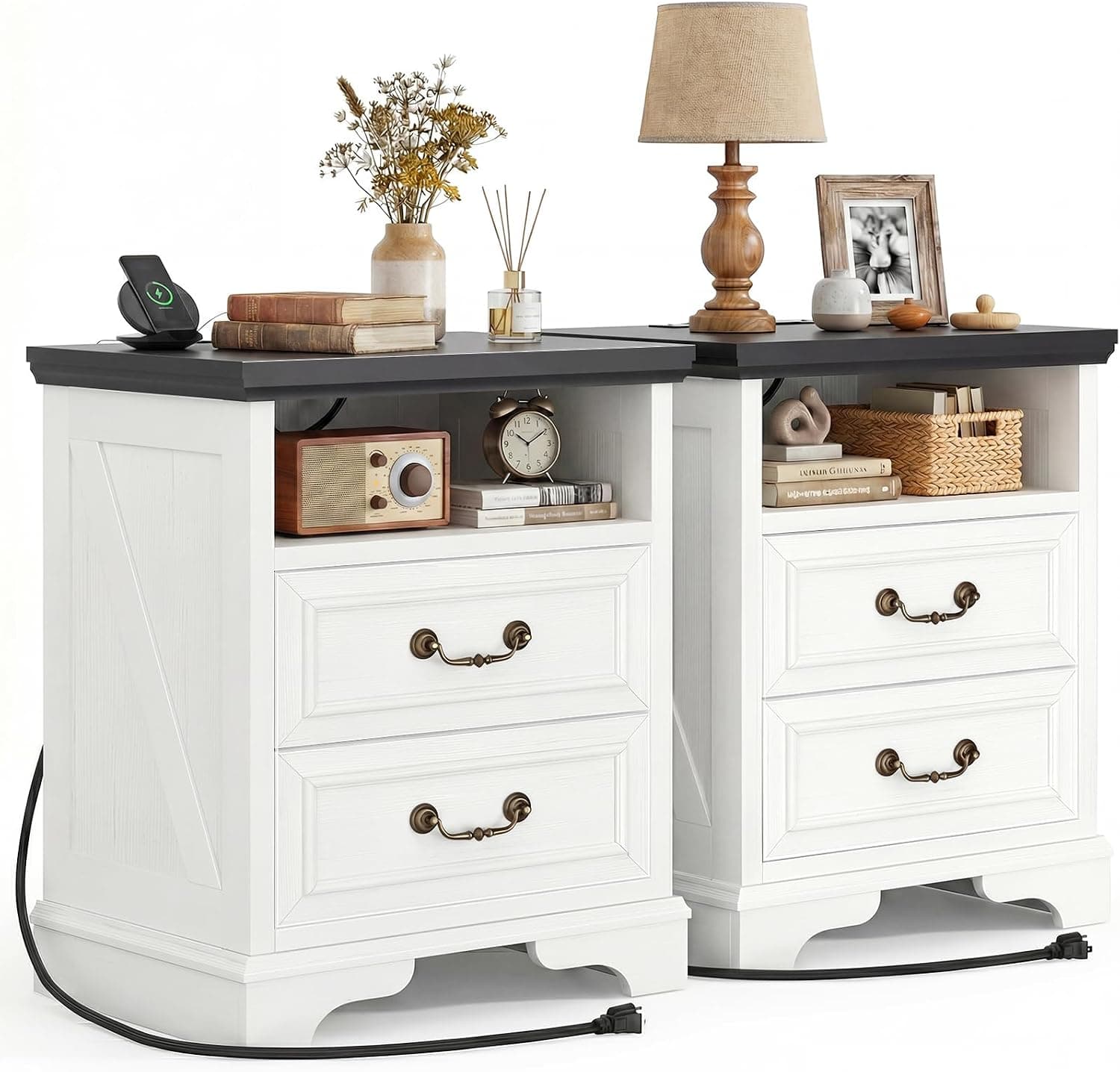 Farmhouse Nightstand with Charging Station Set of 2, 24" Bedside Table with Drawers