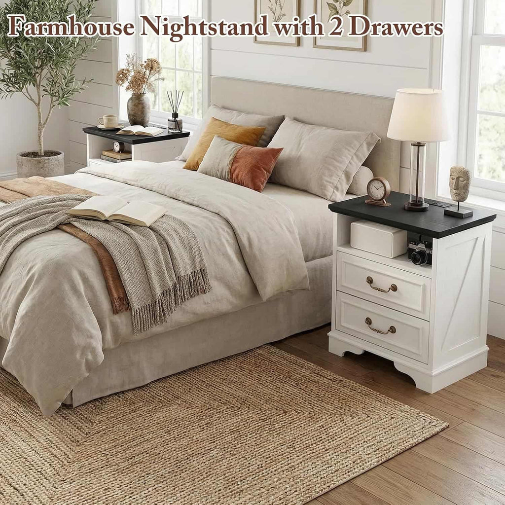 Farmhouse Nightstand with Charging Station Set of 2, 24" Bedside Table with Drawers