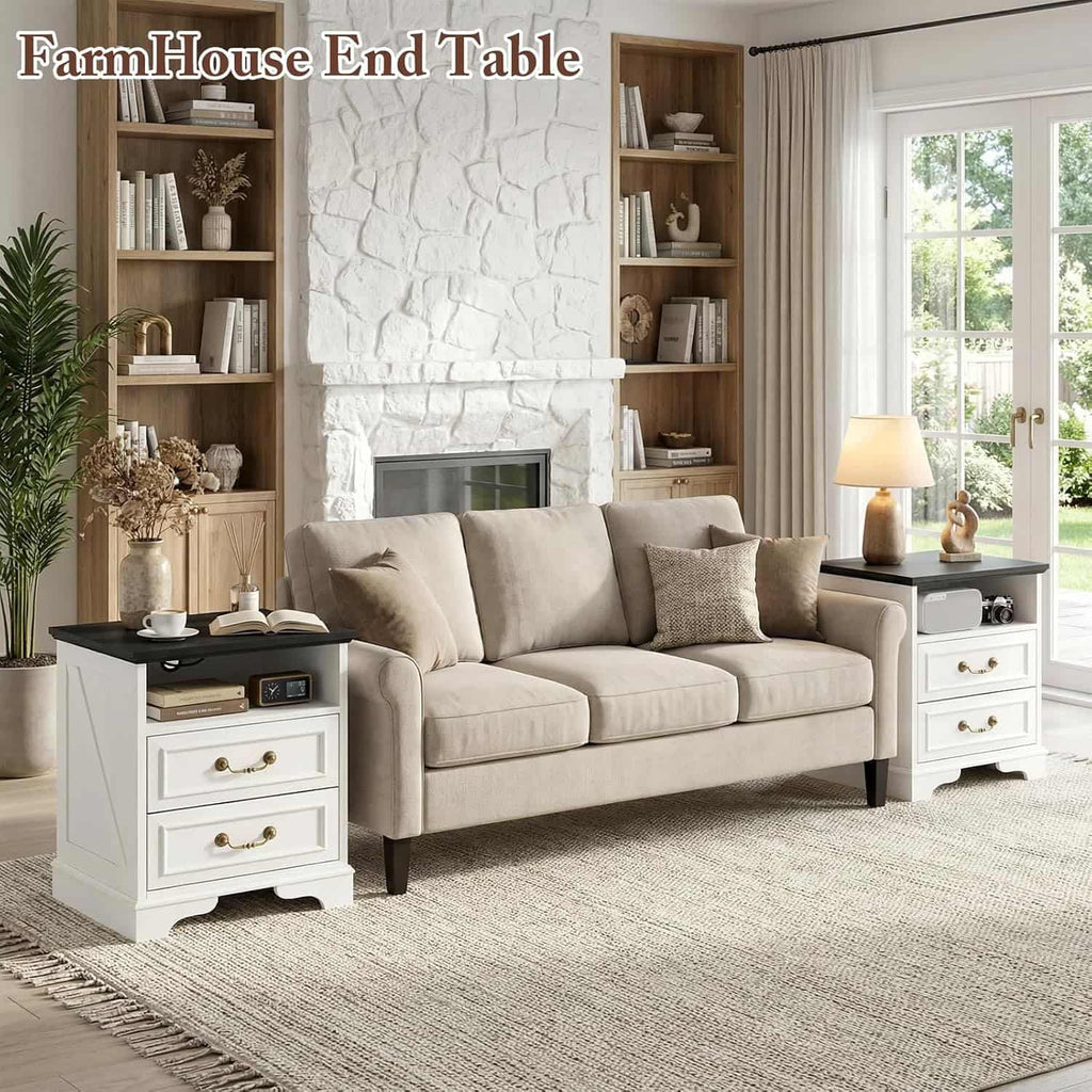 Farmhouse Nightstand with Charging Station Set of 2, 24" Bedside Table with Drawers