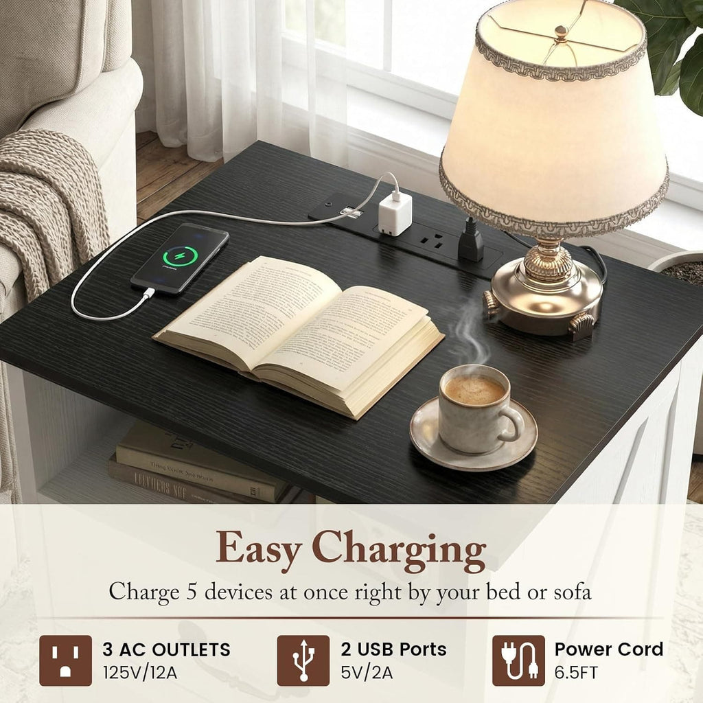 Farmhouse Nightstand with Charging Station Set of 2, 24" Bedside Table with Drawers