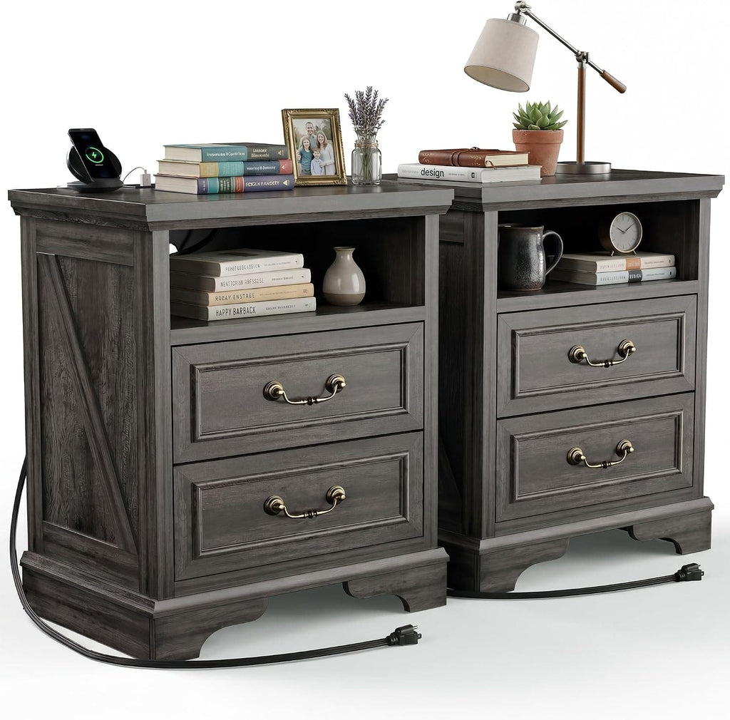Farmhouse Nightstand with Charging Station Set of 2, 24" Bedside Table with Drawers