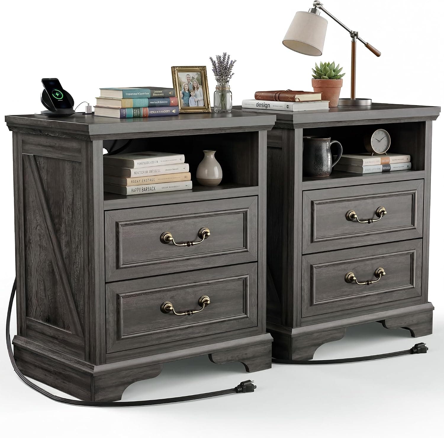 Farmhouse Nightstand with Charging Station Set of 2, 24" Bedside Table with Drawers