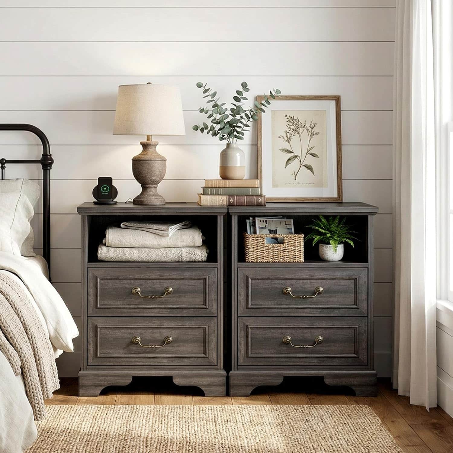 Farmhouse Nightstand with Charging Station Set of 2, 24" Bedside Table with Drawers
