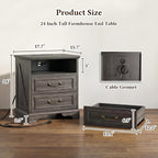 Farmhouse Nightstand with Charging Station, 24" Bedside Table with Drawers