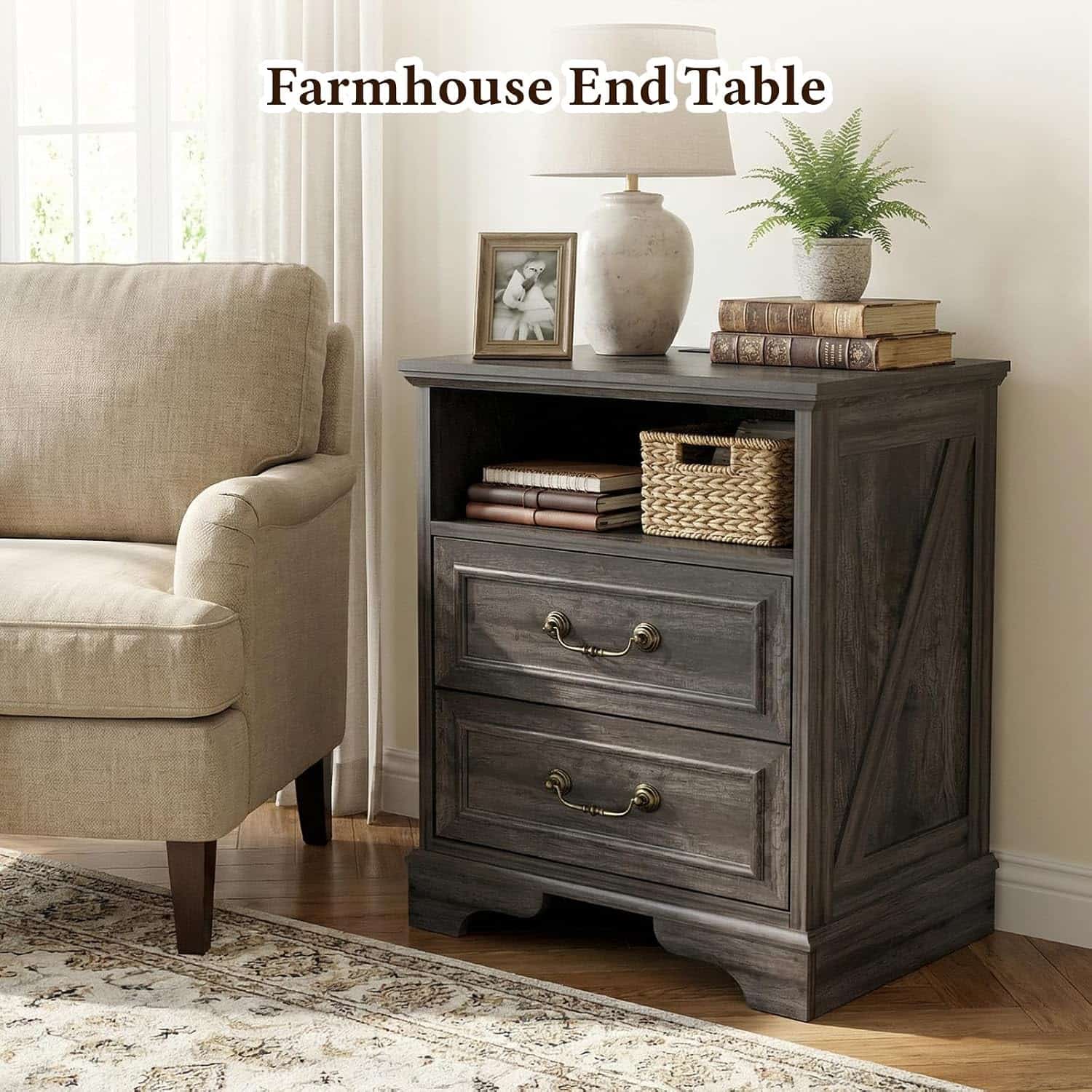 Farmhouse Nightstand with Charging Station Set of 2, 24" Bedside Table with Drawers