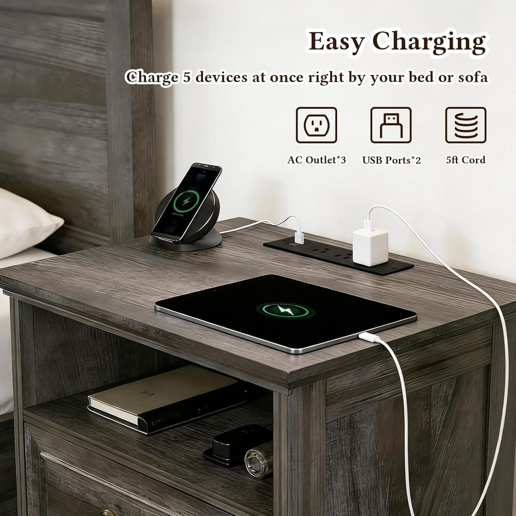 Farmhouse Nightstand with Charging Station Set of 2, 24" Bedside Table with Drawers