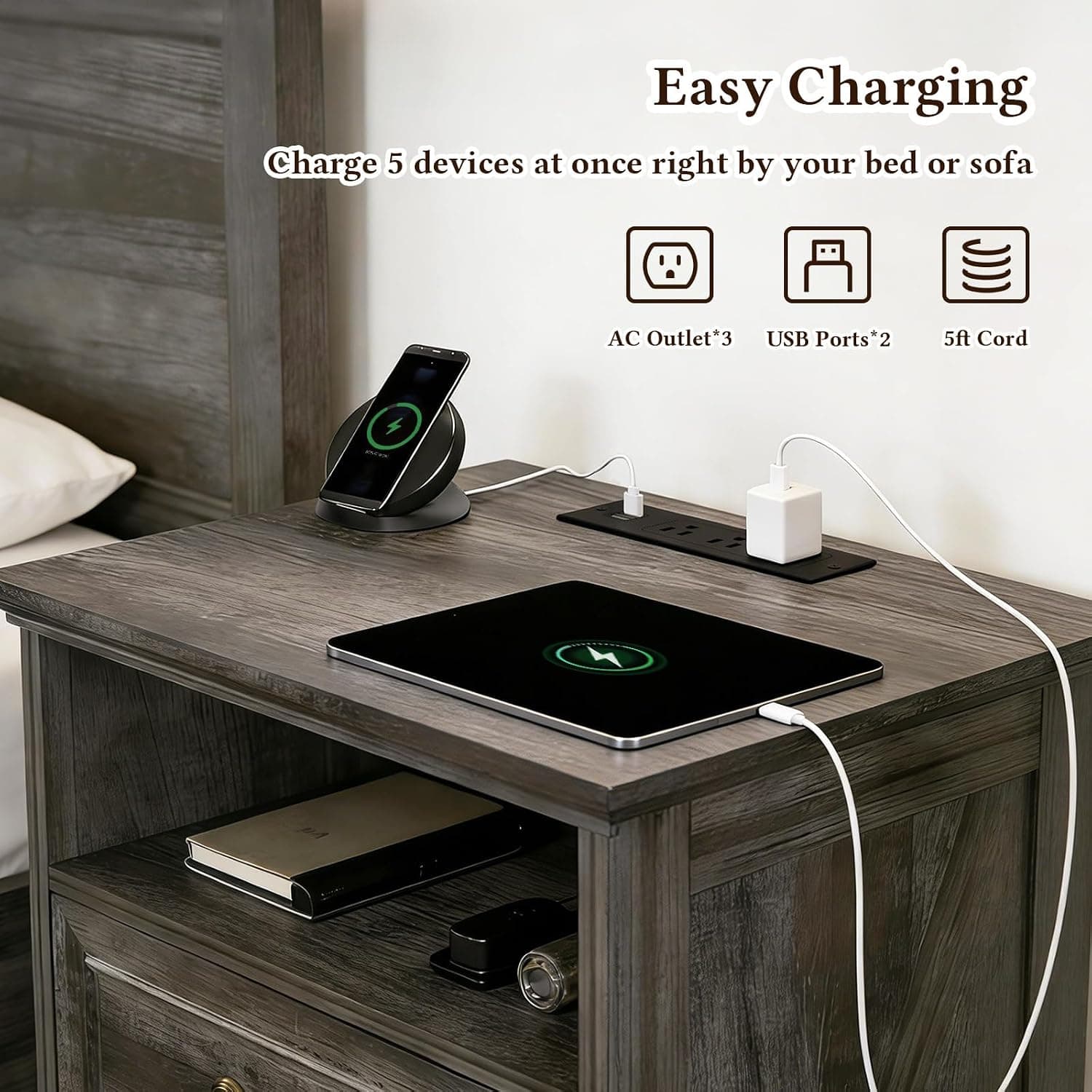 Farmhouse Nightstand with Charging Station Set of 2, 24" Bedside Table with Drawers