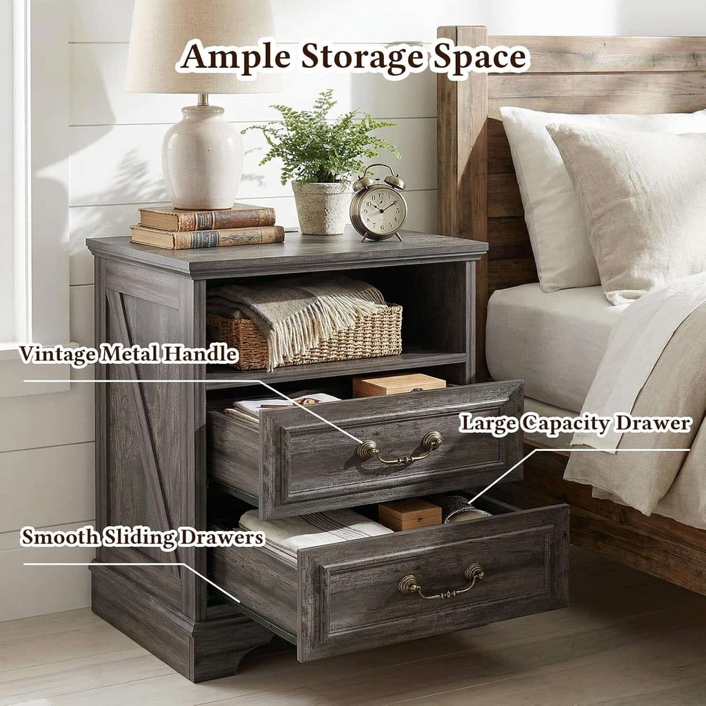 Farmhouse Nightstand with Charging Station Set of 2, 24" Bedside Table with Drawers