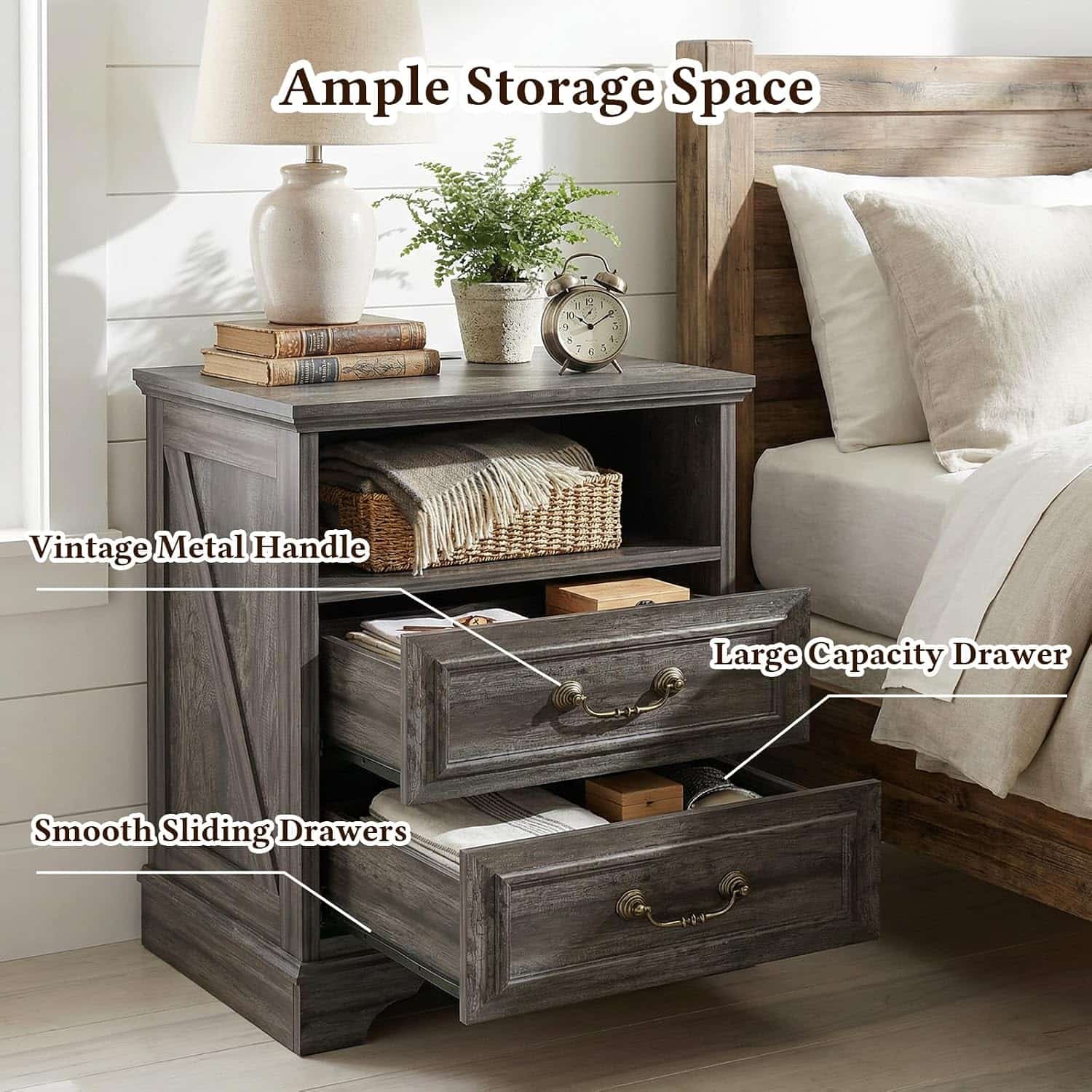 Farmhouse Nightstand with Charging Station Set of 2, 24" Bedside Table with Drawers