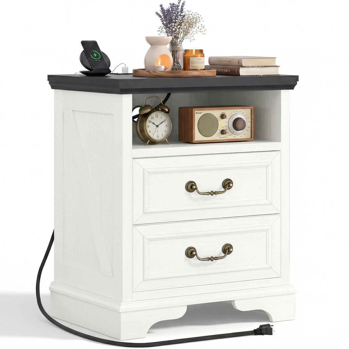 Farmhouse Nightstand with Charging Station, 24" Bedside Table with Drawers