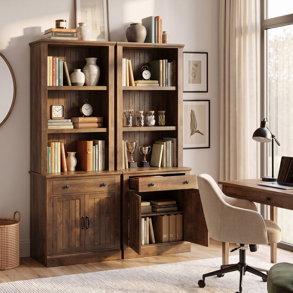 Topfurny 80" Tall Bookcase with Drawer and Doors, Farmhouse Bookshelf