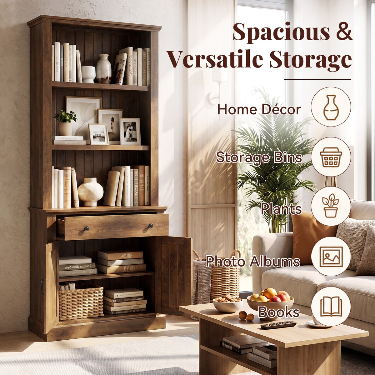 Topfurny 80" Tall Bookcase with Drawer and Doors, Farmhouse Bookshelf